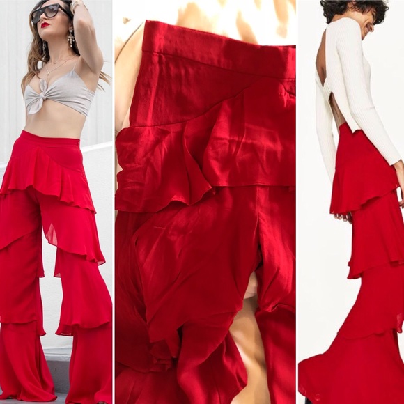 Zara | Pants & Jumpsuits | Zara Red Pants Sz S Ruffles Nwot | Poshmark